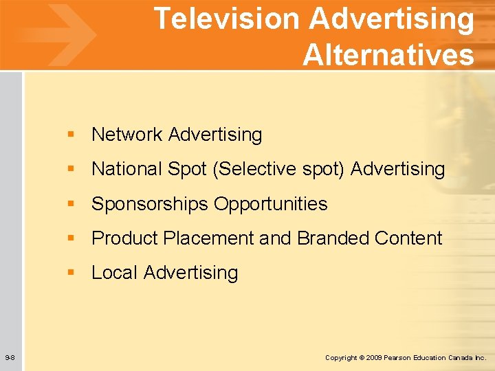 Television Advertising Alternatives § Network Advertising § National Spot (Selective spot) Advertising § Sponsorships