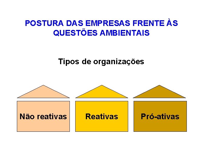 POSTURA DAS EMPRESAS FRENTE ÀS QUESTÕES AMBIENTAIS Tipos de organizações Não reativas Reativas Pró-ativas