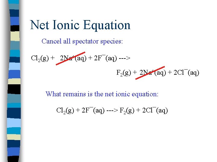 Net Ionic Equation Cancel all spectator species: Cl 2(g) + 2 Na+(aq) + 2