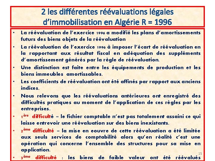 2 les différentes réévaluations légales d’immobilisation en Algérie R = 1996 • • La