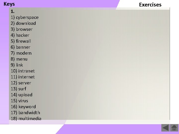 Keys 1. 1) cyberspace 2) download 3) browser 4) hacker 5) firewall 6) banner