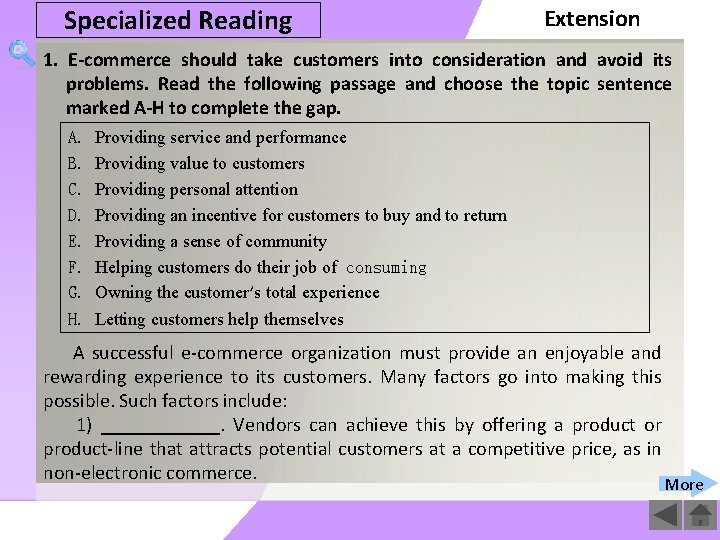 Specialized Reading Extension 1. E-commerce should take customers into consideration and avoid its problems.