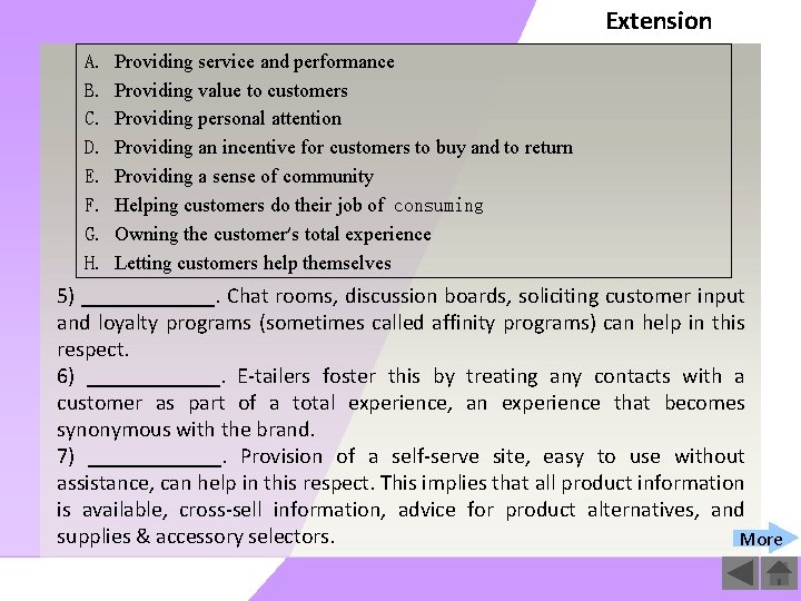 Extension A. B. C. D. E. F. G. H. Providing service and performance Providing