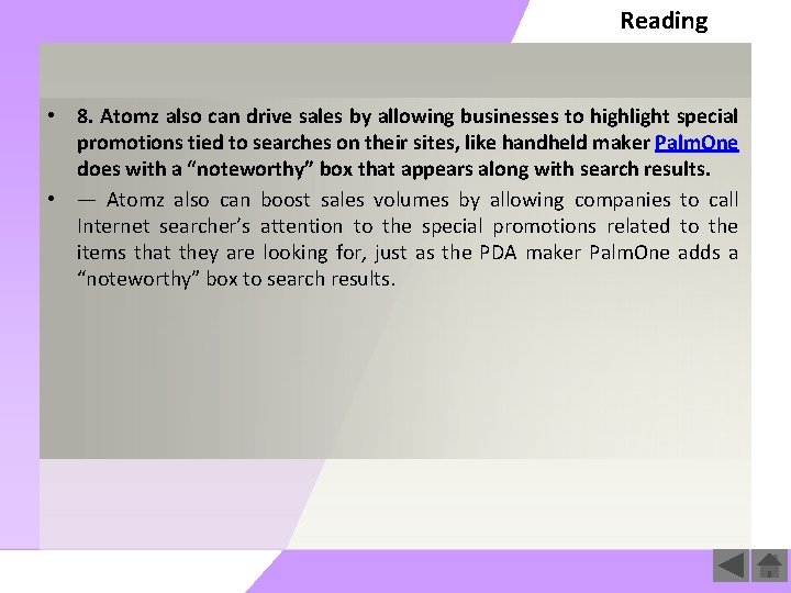 Reading • 8. Atomz also can drive sales by allowing businesses to highlight special