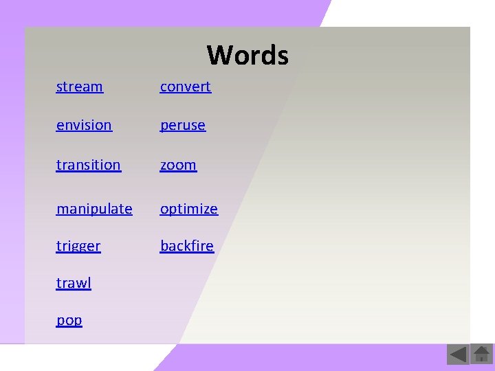 Words stream convert envision peruse transition zoom manipulate optimize trigger backfire trawl pop 