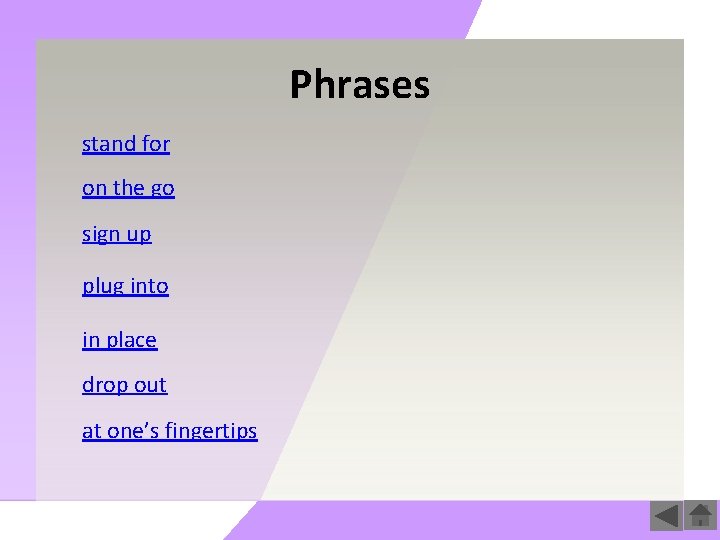 Phrases stand for on the go sign up plug into in place drop out