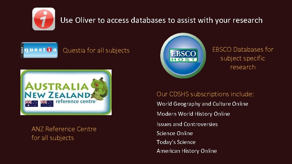 Use Oliver to access databases to assist with your research Questia for all subjects