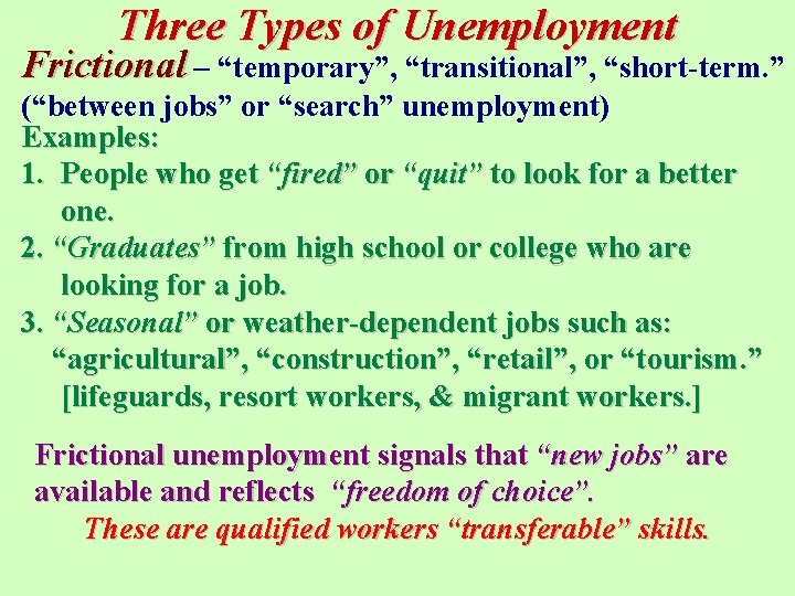 Three Types of Unemployment Frictional – “temporary”, “transitional”, “short-term. ” (“between jobs” or “search”