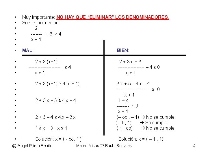  • • • Muy importante: NO HAY QUE “ELIMINAR” LOS DENOMINADORES. Sea la