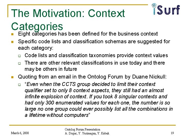 The Motivation: Context Categories n n n Eight categories has been defined for the