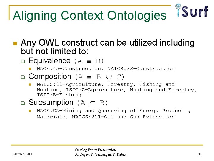 Aligning Context Ontologies n Any OWL construct can be utilized including but not limited