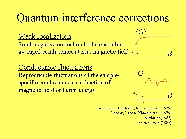 Quantum interference corrections G Weak localization Small negative correction to the ensembleaveraged conductance at