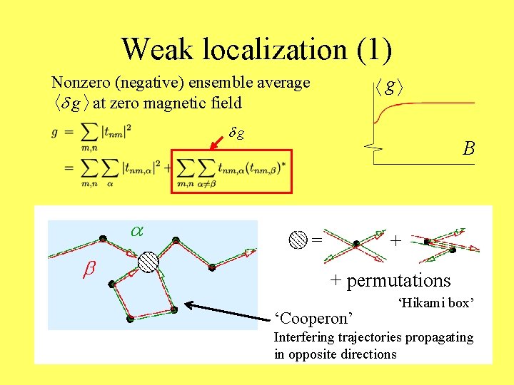 Weak localization (1) Nonzero (negative) ensemble average d g at zero magnetic field g