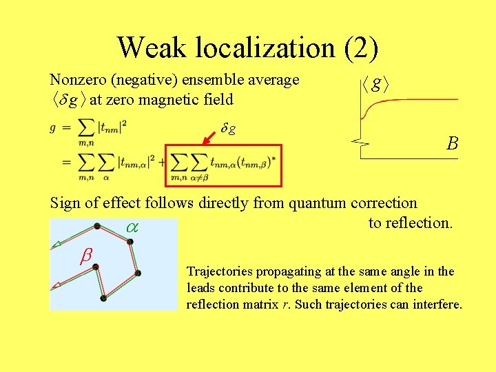 Weak localization (2) Nonzero (negative) ensemble average d g at zero magnetic field dg