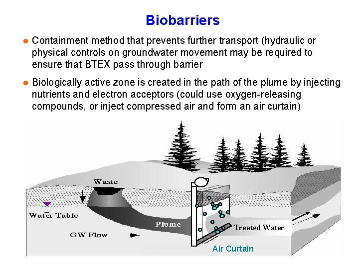 Biobarriers l Containment method that prevents further transport (hydraulic or physical controls on groundwater