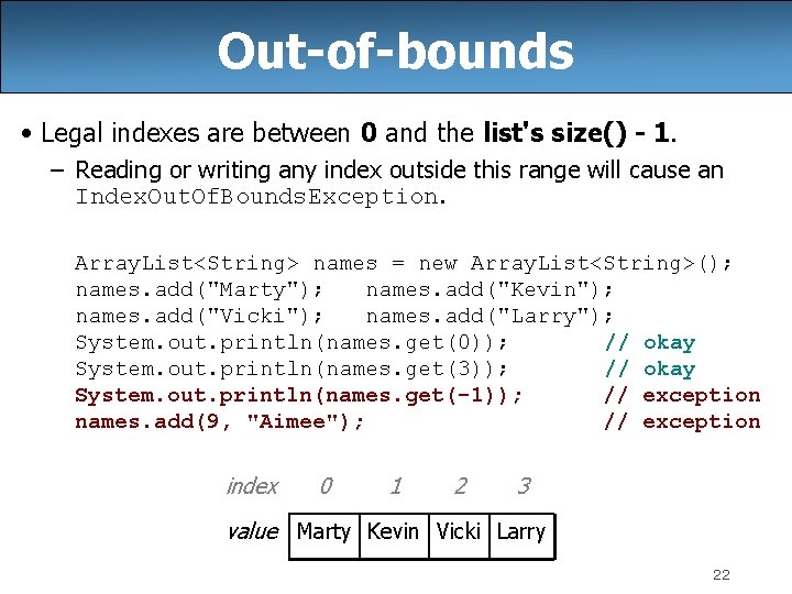 Out-of-bounds • Legal indexes are between 0 and the list's size() - 1. – Out-of-bounds • Legal indexes are between 0 and the list's size() - 1. –