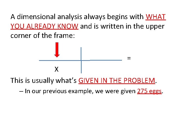 A dimensional analysis always begins with WHAT YOU ALREADY KNOW and is written in