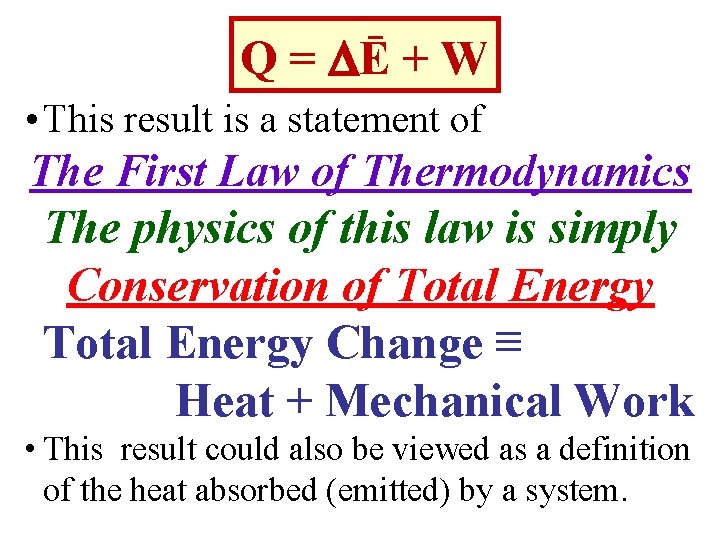 Q Q = Ē + W • This result is a statement of The