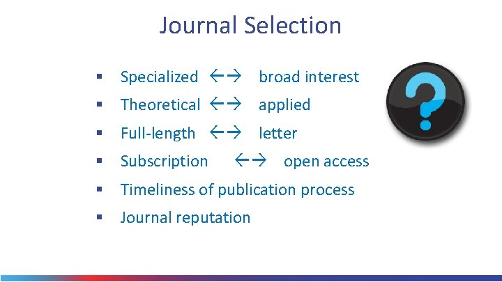 Journal Selection § Specialized broad interest § Theoretical applied § Full-length letter § Subscription