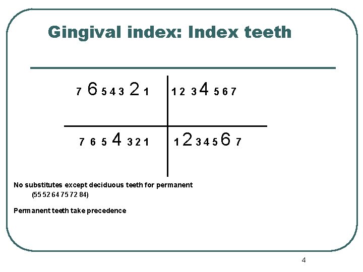 Gingival index: Index teeth 7 6 543 2 1 7 6 5 4 321