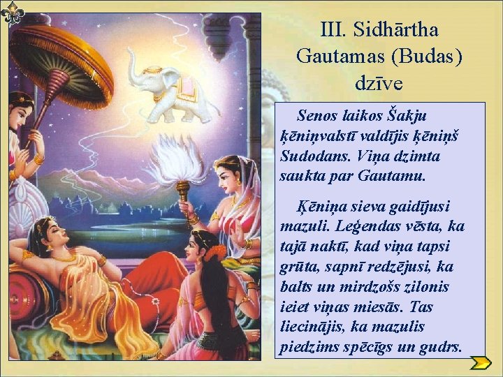 III. Sidhārtha Gautamas (Budas) dzīve Senos laikos Šakju ķēniņvalstī valdījis ķēniņš Sudodans. Viņa dzimta