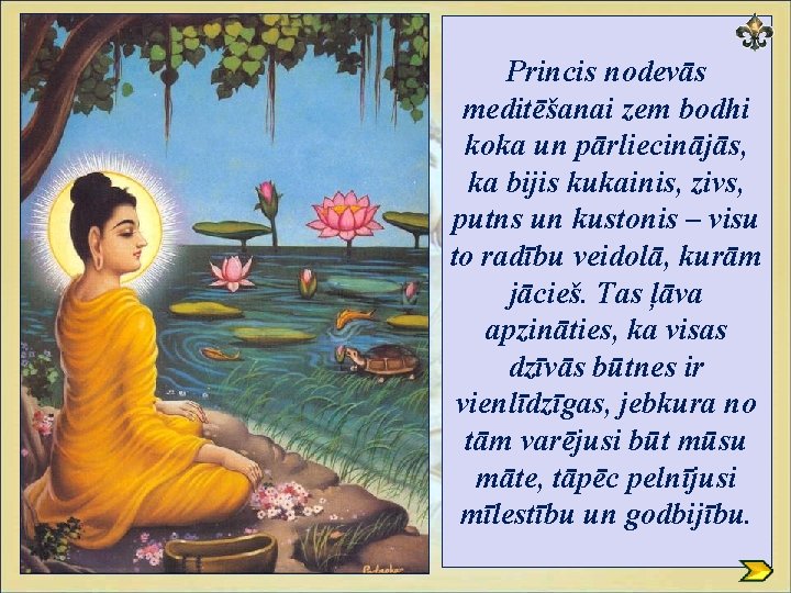 Princis nodevās meditēšanai zem bodhi koka un pārliecinājās, ka bijis kukainis, zivs, putns un