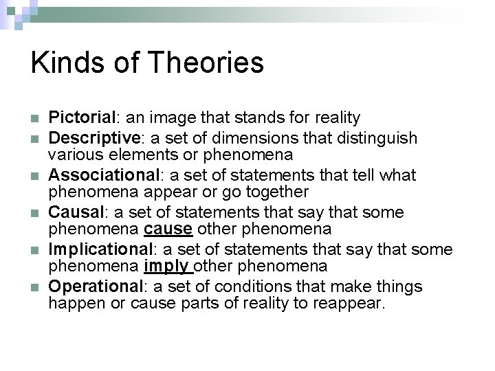 Kinds of Theories n n n Pictorial: an image that stands for reality Descriptive: