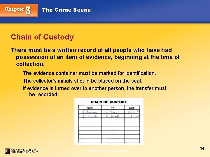 The Crime Scene Chain of Custody There must be a written record of all