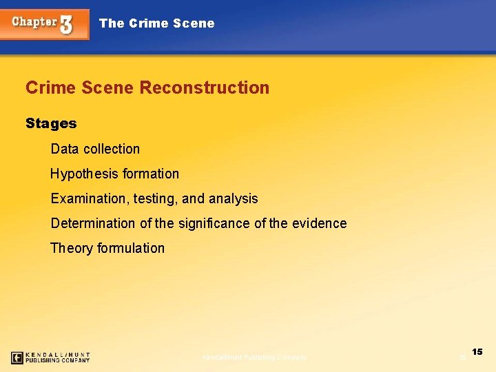 The Crime Scene Reconstruction Stages Data collection Hypothesis formation Examination, testing, and analysis Determination