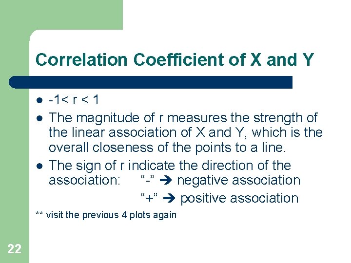 Correlation Coefficient of X and Y l l l -1< r < 1 The