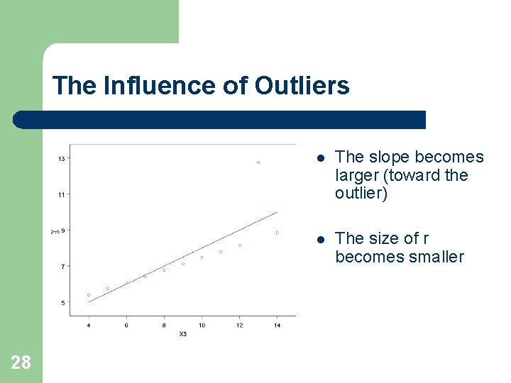 The Influence of Outliers 28 l The slope becomes larger (toward the outlier) l