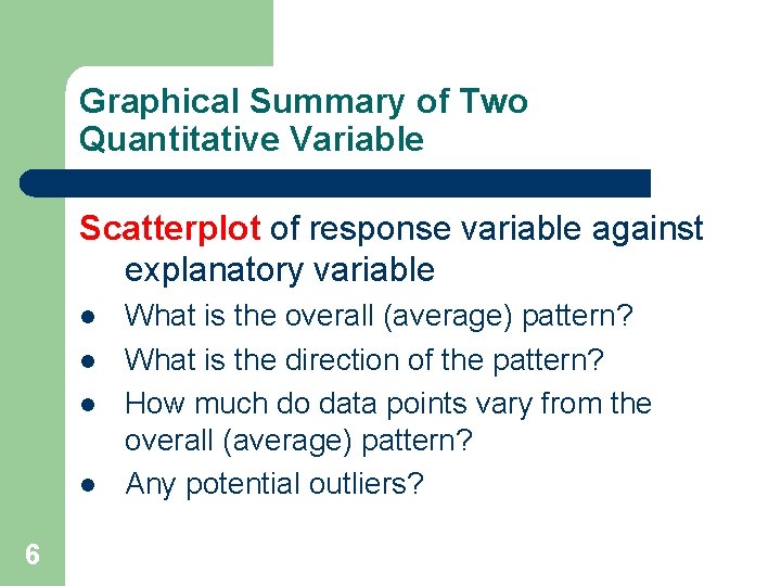 Graphical Summary of Two Quantitative Variable Scatterplot of response variable against explanatory variable l