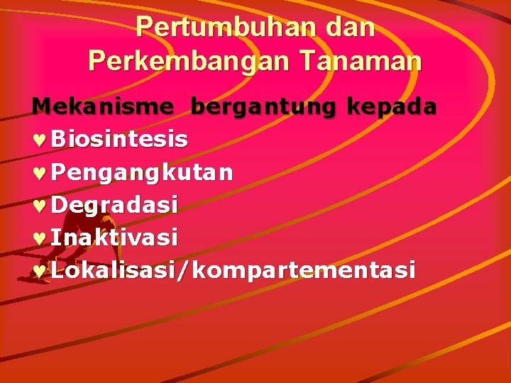 Pertumbuhan dan Perkembangan Tanaman Mekanisme bergantung kepada © Biosintesis © Pengangkutan © Degradasi ©