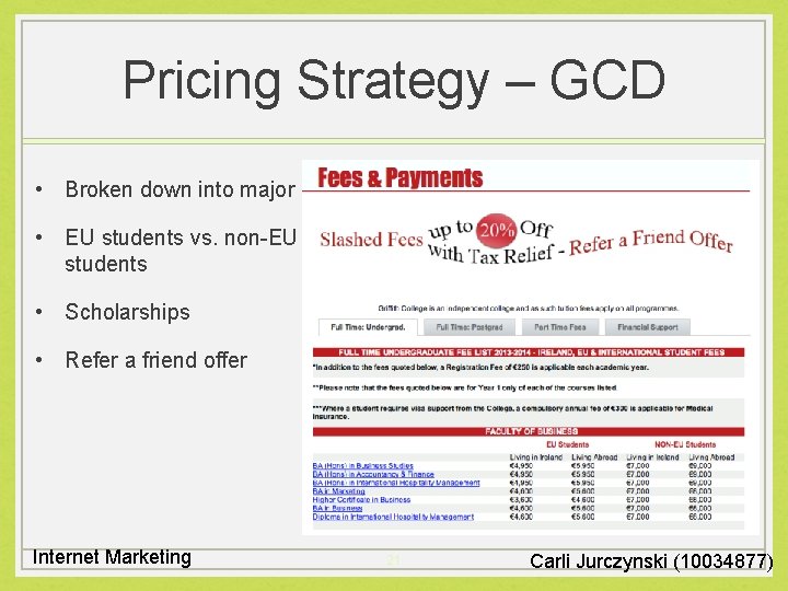 Pricing Strategy – GCD • Broken down into major • EU students vs. non-EU