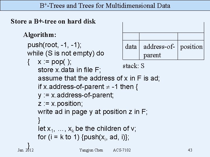 B+-Trees and Trees for Multidimensional Data Store a B+-tree on hard disk Algorithm: push(root,