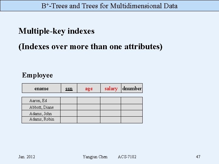 B+-Trees and Trees for Multidimensional Data Multiple-key indexes (Indexes over more than one attributes)