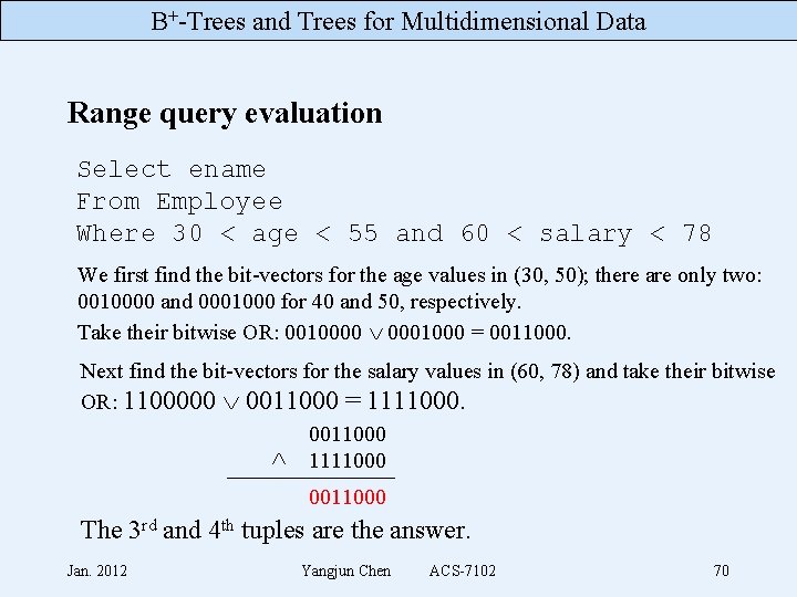 B+-Trees and Trees for Multidimensional Data Range query evaluation Select ename From Employee Where