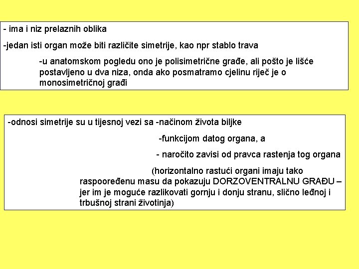 - ima i niz prelaznih oblika -jedan isti organ može biti različite simetrije, kao