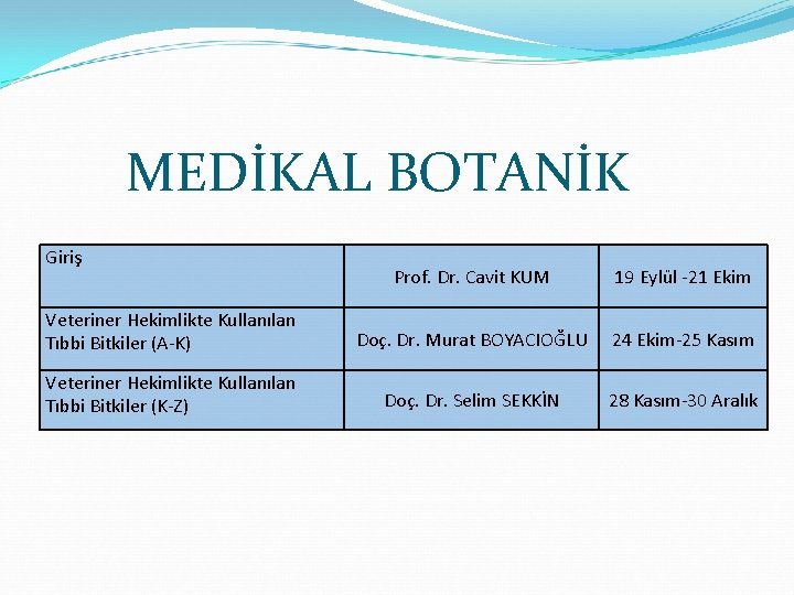 MEDİKAL BOTANİK Giriş Prof. Dr. Cavit KUM 19 Eylül -21 Ekim Veteriner Hekimlikte Kullanılan