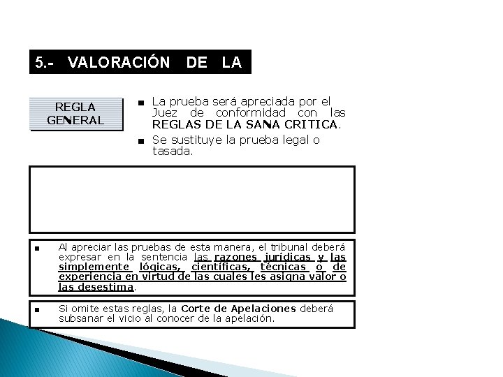 5. - VALORACIÓN DE LA PRUEBA. REGLA GENERAL ■ La prueba será apreciada por
