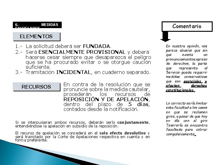 Comentario 6. MEDIDAS CAUTELARES. - ELEMENTOS 1. - La solicitud deberá ser FUNDADA. 2.