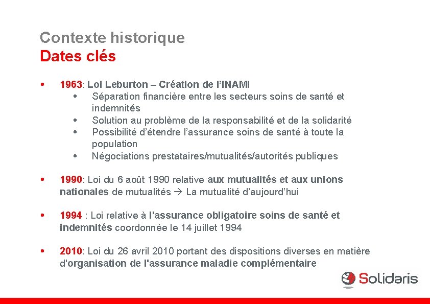 Contexte historique Dates clés 1963: Loi Leburton – Création de l’INAMI Séparation financière entre