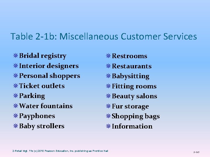 Table 2 -1 b: Miscellaneous Customer Services ¯ Bridal registry ¯ Interior designers ¯