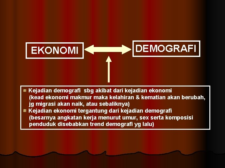 EKONOMI DEMOGRAFI Kejadian demografi sbg akibat dari kejadian ekonomi (kead ekonomi makmur maka kelahiran