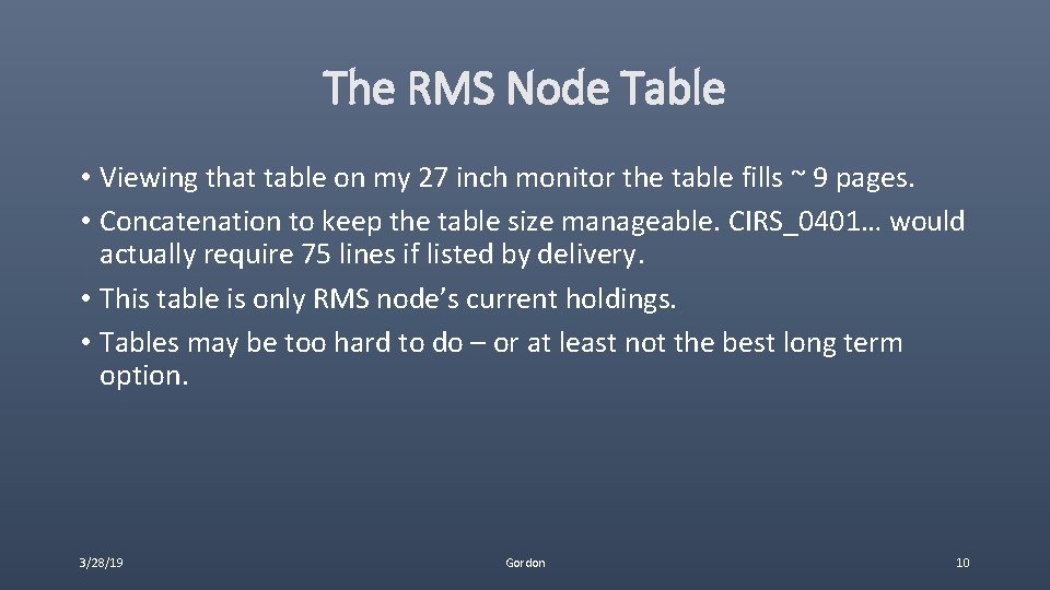 The RMS Node Table • Viewing that table on my 27 inch monitor the