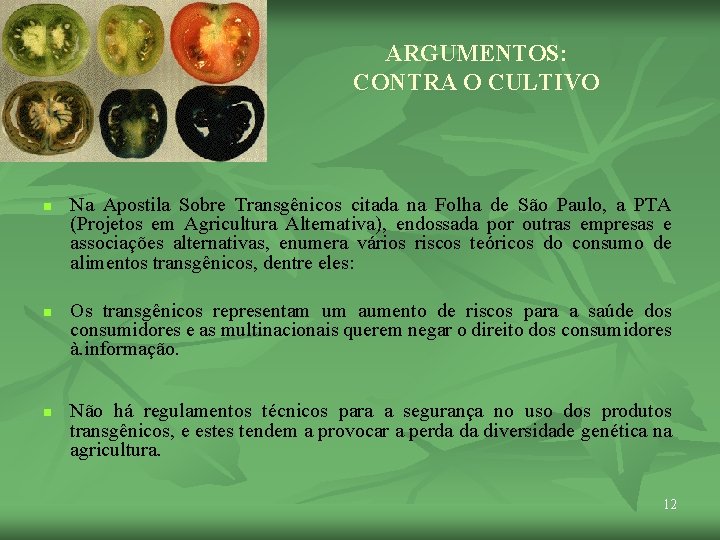 ARGUMENTOS: CONTRA O CULTIVO n n n Na Apostila Sobre Transgênicos citada na Folha