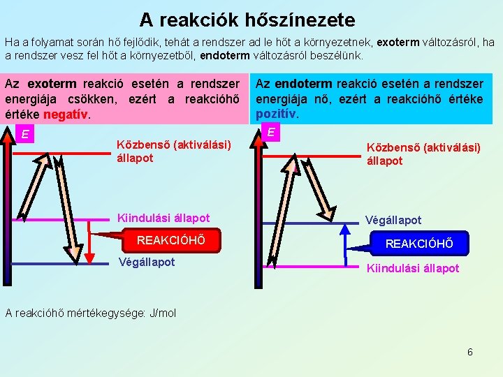 A reakciók hőszínezete Ha a folyamat során hő fejlődik, tehát a rendszer ad le A reakciók hőszínezete Ha a folyamat során hő fejlődik, tehát a rendszer ad le