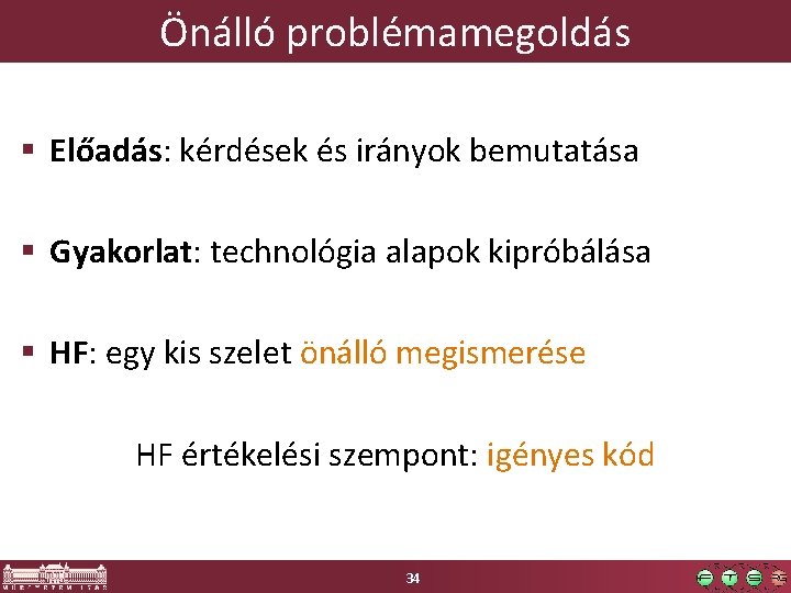 Önálló problémamegoldás § Előadás: kérdések és irányok bemutatása § Gyakorlat: technológia alapok kipróbálása §