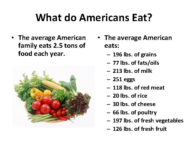 What do Americans Eat? • The average American family eats 2. 5 tons of