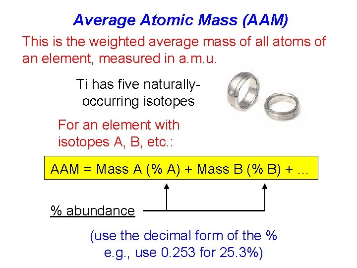 Average Atomic Mass (AAM) This is the weighted average mass of all atoms of